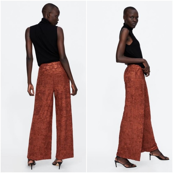 NWT Zara Size M Terracotta Wide Leg Textured Pants - Picture 5 of 8